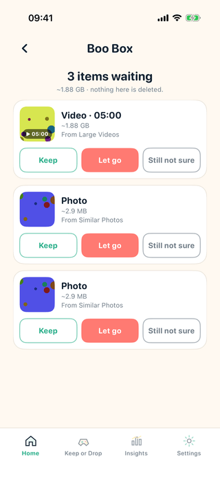 The Boo Box screen in BooClean, listing three postponed items with Keep, Let go and Still not sure for each.