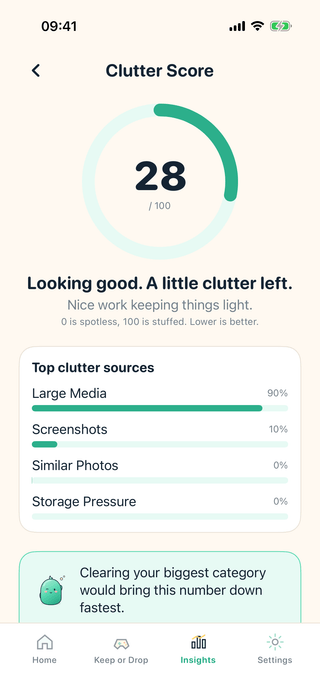 The Clutter Score screen showing a score of 28 out of 100 with a ring gauge and a breakdown of top clutter sources.