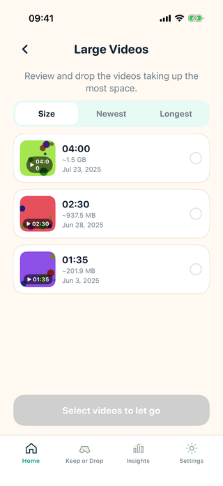 The Large Videos screen in BooClean, listing videos with duration, estimated size and date, sortable by size.