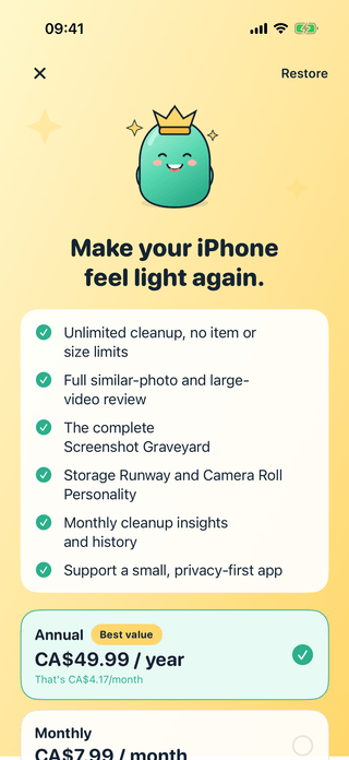 The BooClean Pro screen in the app, listing what Pro unlocks alongside annual and monthly plans.