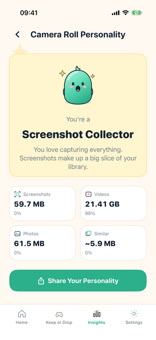 The Camera Roll Personality screen, showing a result of Screenshot Collector with a breakdown of screenshots, videos, photos and similar photos.