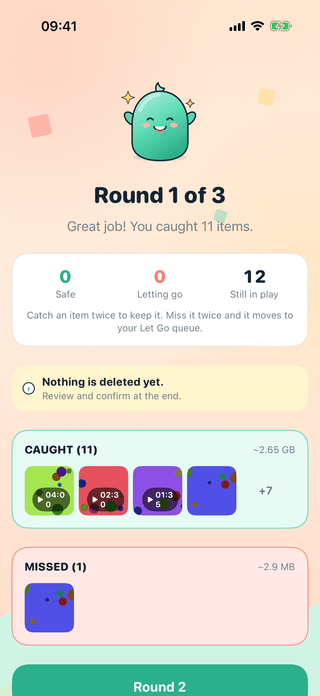 The Keep or Drop round result screen, showing what was caught and what was missed, with a reminder that nothing is deleted yet.