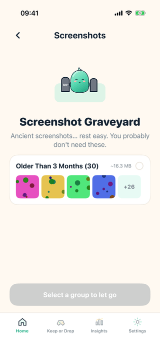 The Screenshot Graveyard screen, grouping screenshots older than three months with a preview strip and total size.
