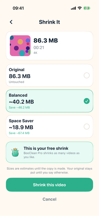 The Shrink It options screen in BooClean, offering Original, Balanced and Space Saver with estimated sizes and savings for each.