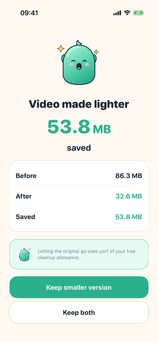 The Shrink It result screen in BooClean, showing a video reduced from 180.4 MB to 56.6 MB, saving 123.9 MB, with Keep smaller version and Keep both.