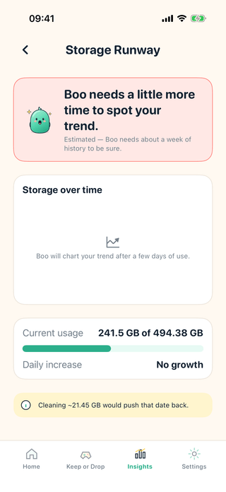 The Storage Runway screen, marked Estimated, showing current usage and explaining that Boo needs about a week of history before charting a trend.